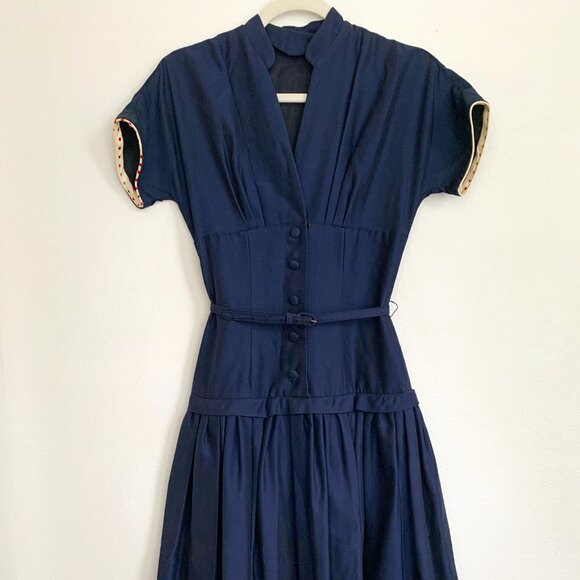 Vintage Dresses & Skirts - Vintage 50s Navy Belted Party Dress Cocktail Fitted Size XSmall Rockabilly